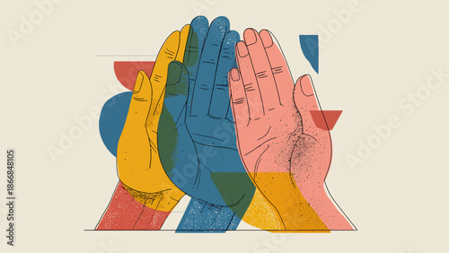 Illustration of diverse hands reaching up in a high-five gesture, symbolizing unity and collaboration.