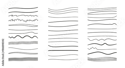 A collection of hand-drawn black underline strokes and dividers with various wavy and straight styles on white background.