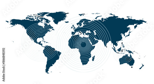 Dark blue world map with concentric circles emanating from different continents, symbolizing global communication or earthquakes.