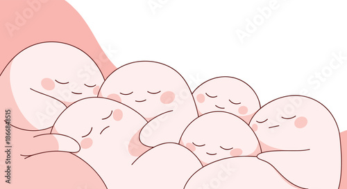 Adorable and sweet illustration of cute, soft pink characters cuddling and sleeping together, representing comfort and affection.
