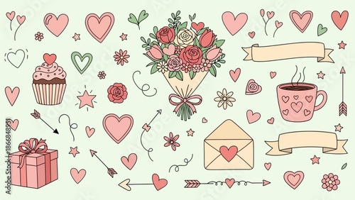 Kawaii Valentine's Day Sticker Set: Cute Heart Characters, Flowers, and Sweet Gifts Illustration Collection