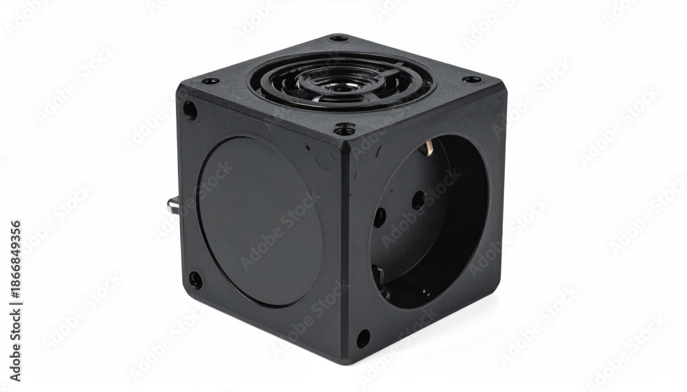Fototapeta premium Black Cube with Circular Openings - A Versatile Industrial Component.