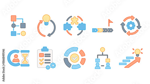Icons representing the steps of a business procedure, automation, and project flow