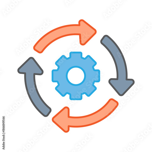 Vector illustration of a central gear surrounded by circular arrows representing system automation and mechanical efficiency