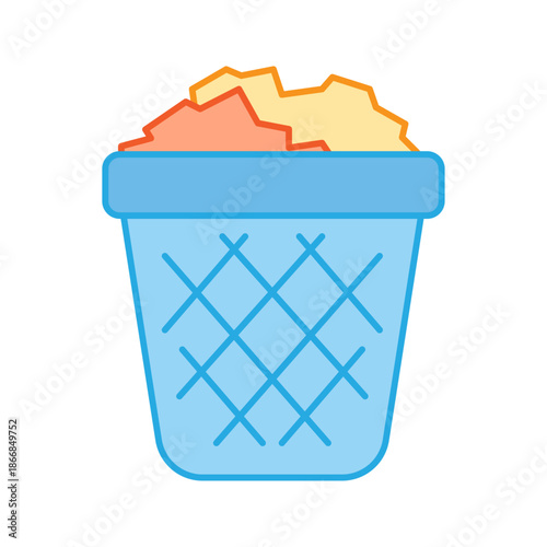 Blue office trash bin filled with crumpled colorful paper for recycling or disposal