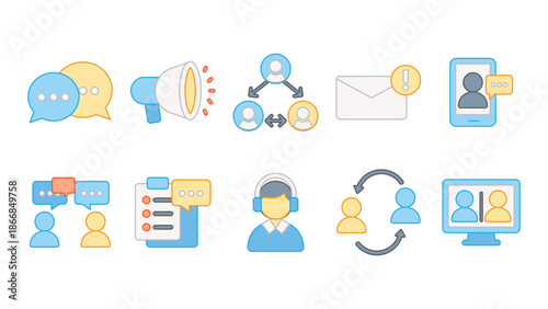 A comprehensive collection of modern flat line icons representing remote work lifestyle, telecommuting, digital nomadism, and virtual office equipment in a soft blue and orange color palette