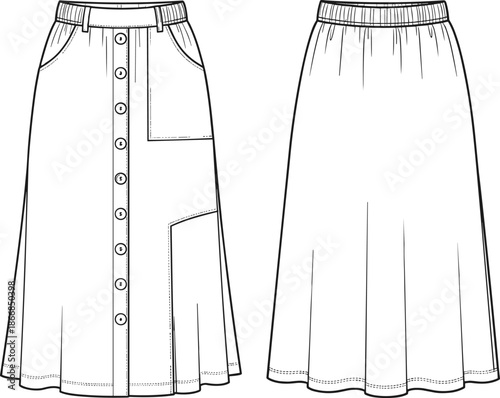 Women's button front midi skirt technical fashion sketch with elastic waist front and back view cad drawing flat vector illustration