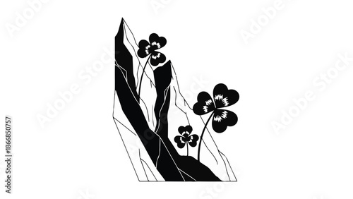 Stylized black and white illustration of lucky shamrocks growing on a mountain peak.