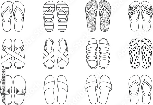 Summer footwear vector line art collection featuring various flip flops and sandals styles with floral patterns, stripes, polka dots, and buckle details for icons.