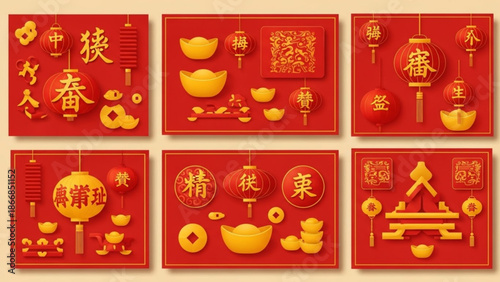 A vibrant vector graphic illustration of Chinese New Year decorations and symbols in red and gold
