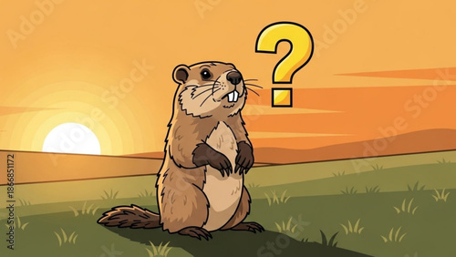 A curious cartoon groundhog stands in a field at sunset with a question mark above its head