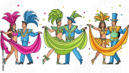 A colorful vector illustration of people dancing in vibrant costumes and feathered headdresses