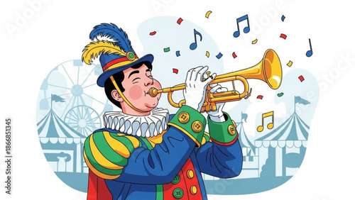 A colorful illustration of a clown playing a trumpet at a carnival with music notes and confetti floating around him.