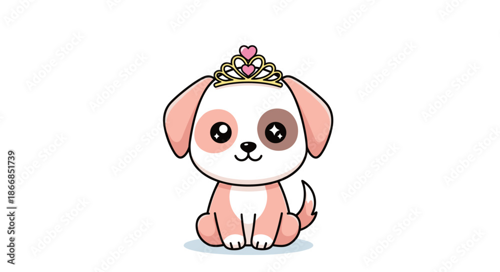 Fototapeta premium Adorable brown and white puppy dog sitting and wearing a golden tiara with pink hearts on its head on white background.