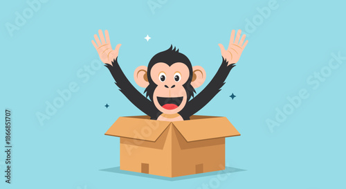 Happy chimpanzee monkey raising its arms in joy while popping out from a brown cardboard box on light blue background.