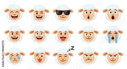 Collection of fifteen white sheep head icons displaying various facial expressions and emotions for messaging and design.