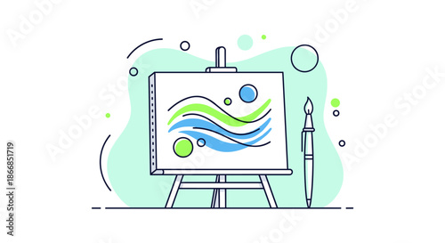 Wooden artist easel holding a white canvas with abstract blue and green wave painting next to a paint brush.