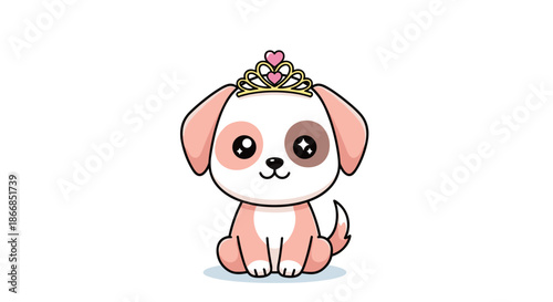 Adorable brown and white puppy dog sitting and wearing a golden tiara with pink hearts on its head on white background.
