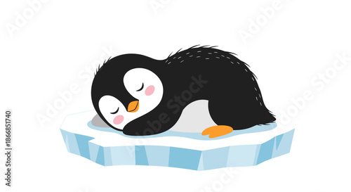 Cute baby penguin with pink cheeks sleeping peacefully on a small blue ice floe in the ocean.
