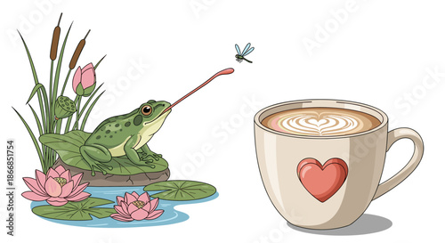 Green spotted frog sitting on a lily pad catching a small fly with its long tongue next to a cup of coffee with a heart pattern.
