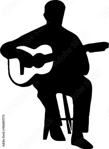 Silhouette of a man sitting on a stool and playing acoustic guitar on white background