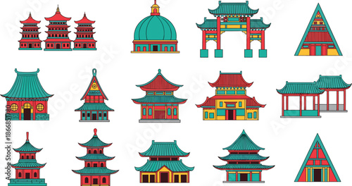 Oriental architecture vector collection featuring traditional Asian temples, pagodas, shrines, and historic gateways with distinctive roofs for cultural travel and historical design projects.