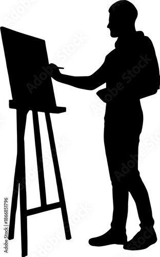 Silhouette of an artist painting on a canvas with easel on white background