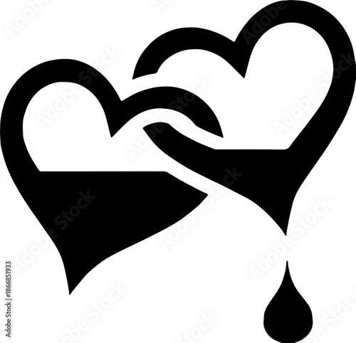 Interlocking hearts silhouette with blood drop or melting effect