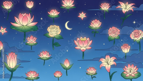 A serene and peaceful vector illustration of pink lotus flowers and roses floating on water under a starry night sky with a crescent moon
