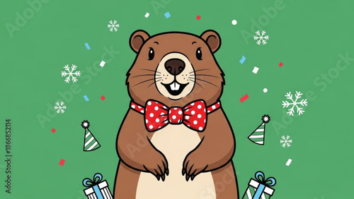 A cheerful cartoon beaver wearing a red bow tie stands amidst festive holiday decorations and gifts on a green background
