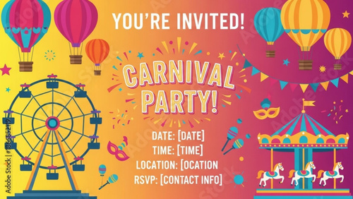 A colorful carnival party invitation with a Ferris wheel, carousel, and hot air balloons