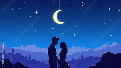 A romantic couple stands together under a starry night sky with a crescent moon