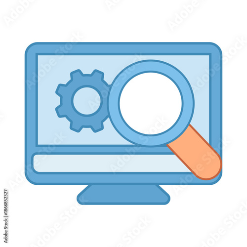 Magnifying glass and gear icon representing technical SEO optimization on a computer monitor
