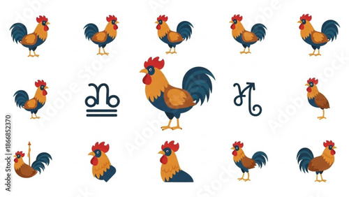 A vector graphic illustration of roosters and zodiac symbols for astrology and design use