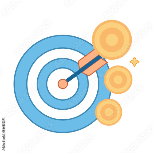 Flat line icon of a dart hitting the center of a target board surrounded by coins representing ad targeting