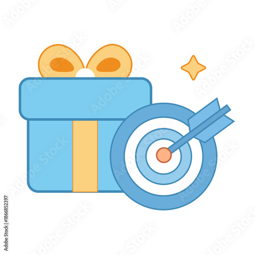 Flat line icon of a gift box next to a target board representing advertising goals and incentives