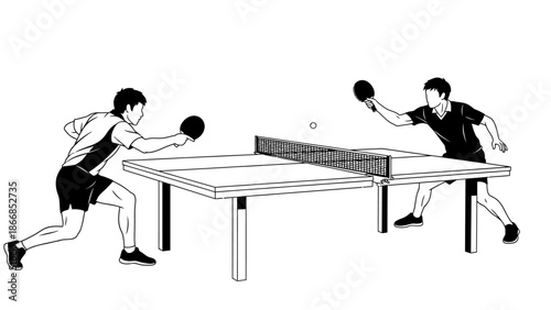 Two men playing Tenis Meja with black and white rackets on a table in a dynamic pose.
