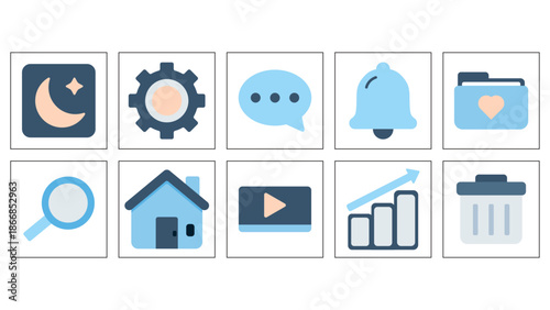 A specialized icon set optimized for dark mode interfaces using deep blues and high-contrast pastel accents for better visibility