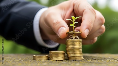 Businessman holding plant growing from stacked gold coins on moss