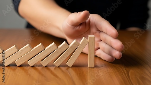 Hand balancing wooden blocks in a row on a table surface
