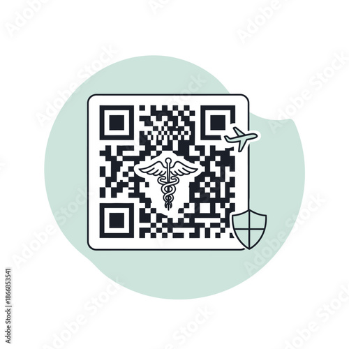 QR Code Health Passport for Travel with Caduceus, Airplane, and Shield Icon