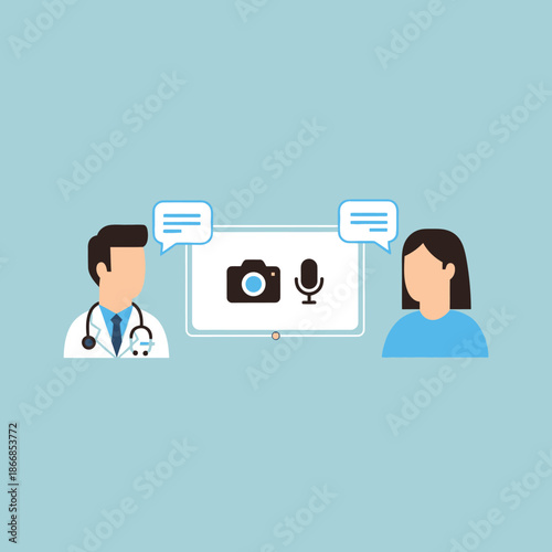 Doctor and Patient Telemedicine Consultation via Video Call with Camera and Microphone Icons