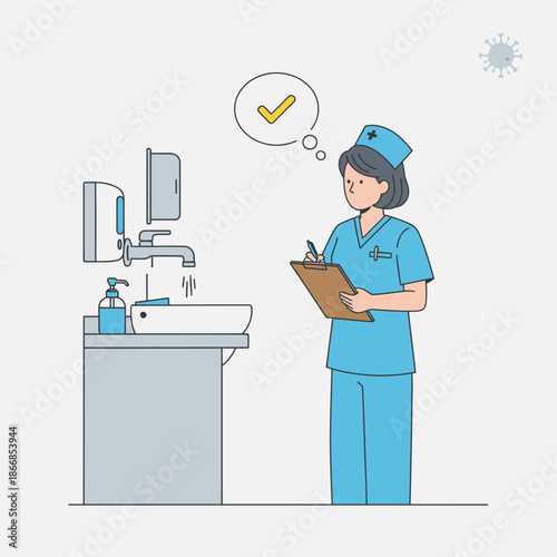Nurse washing hands at sink, checklist icon, hygiene concept illustration