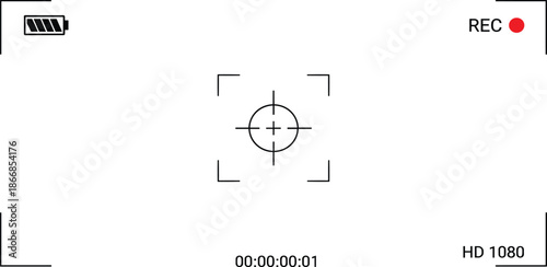 Video camera viewfinder overlay with focus reticle and recording timer, perfect for digital content creation and multimedia projects