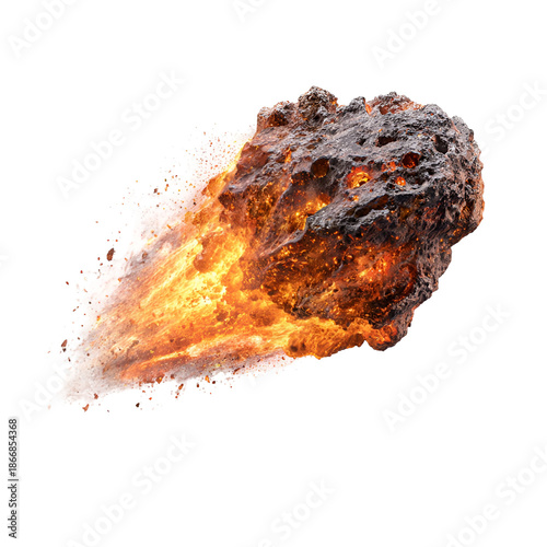 A realistic rendering of a flaming meteorite or asteroid burning upon entry into a planet's atmosphere