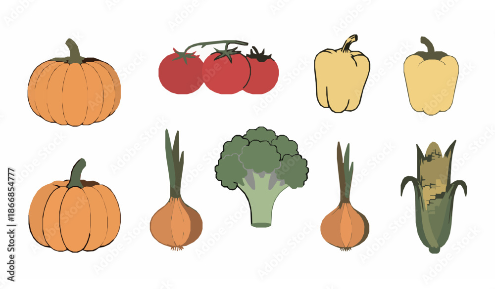 Fototapeta premium Hand drawn vegetables set farm garden harvest flat vector