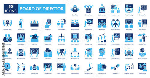 Board Of Director Fill Icon Set. Board Table, Director Vote, Leadership Talk, Executive Group, Annual Meeting, Corporate Plan, Ceo Decision