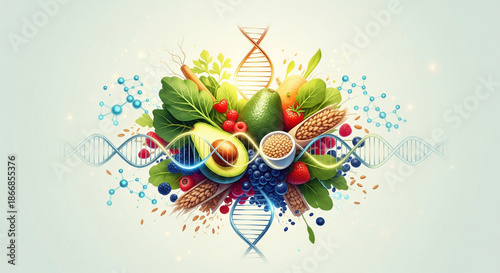 Vibrant Composition of Natural Foods and Genetic Connection An Illustrative Concept of Holistic Nutrition, Healthy Living, and Biological Wellness