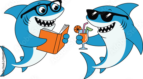 Vector Illustration of Two Cute Sharks with One Reading a Book and the Other Drinking a Tropical Cocktail