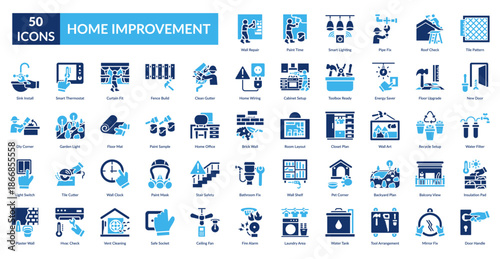 Home Improvement Fill Icon Set. Wall Repair, Paint Time, Smart Lighting, Pipe Fix, Roof Check, Tile Pattern, New Door